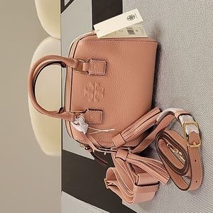 NEW Tory Burch Thea Mini Web Satchel Pink Moon Pebbled Leather Crossbody Bag NWT